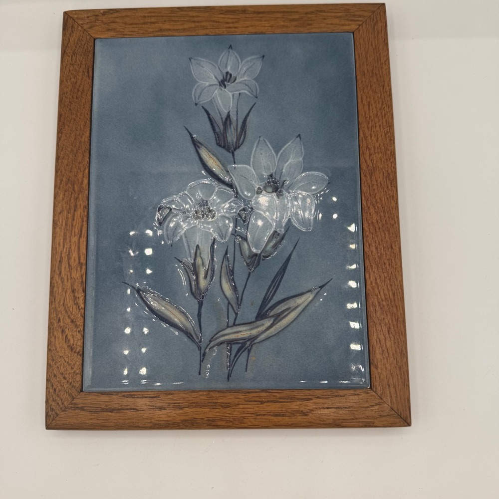 Vintage Framed Ceramic Floral Art Tile Blue White Flowers Wood Frame 7x9
